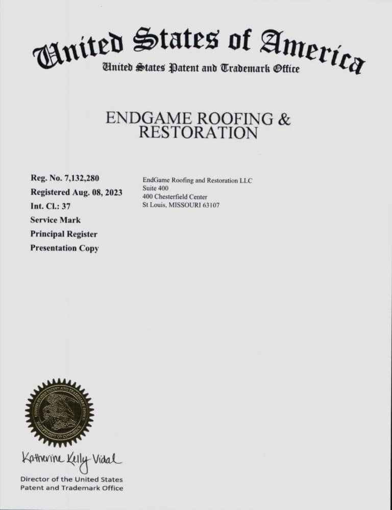EndGame Roofing & Restoration Patent and Trademark Certificate from United States Patent and Trademark Office